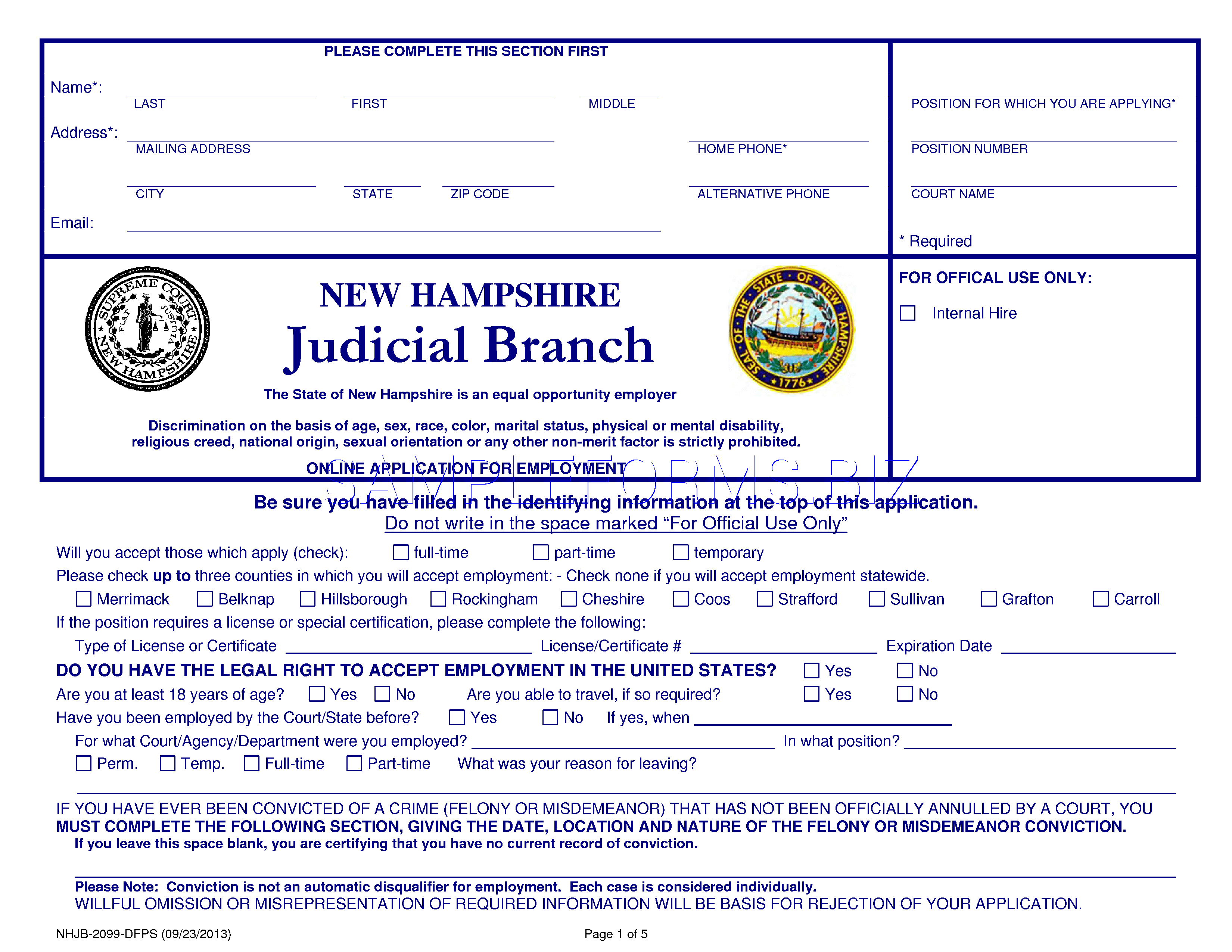 Preview free downloadable New Hampshire Judicial Branch Application for Employment in PDF (page 1)